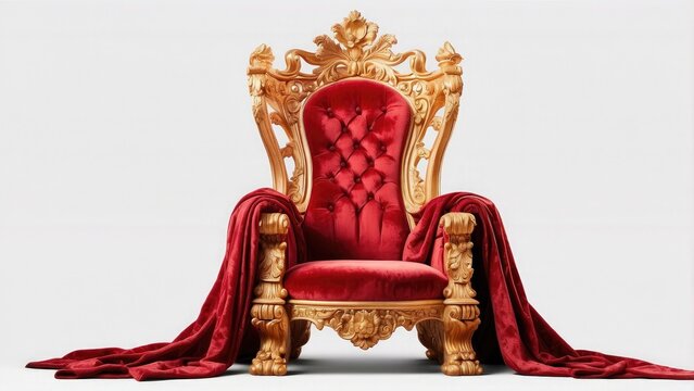 Isolated red and gold throne chair on a white or transparent backgroun