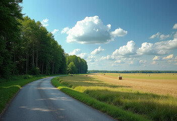 A tranquil rural scene with a forested roadside and a harvested field under a partly cloudy sky.