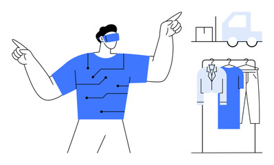 Man using VR glasses pointing at virtual elements. Clothing on hangers, truck, and package visualized around him. Ideal for e-commerce, VR, technology, fashion retail, virtual shopping delivery
