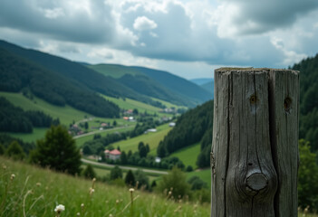 A wooden post beside a rural road in a hilly landscape with a cloudy sky