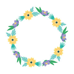 Round flower frame. Round frame with flowers around the perimeter. Delicate purple and yellow flowers. Vector illustration.