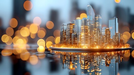 A futuristic urban and corporate architectural design concept showcasing a sleek glass skyscraper facade reflecting the vibrant cityscape surroundings with a bokeh effect and motion blur