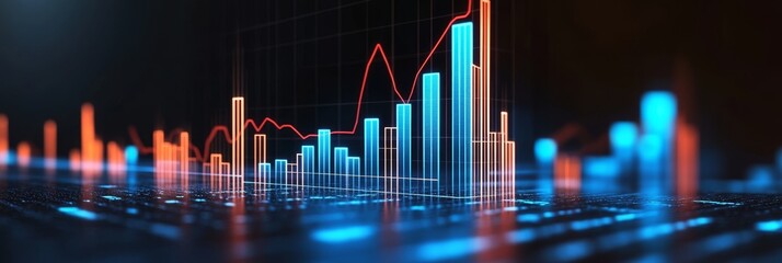 3D Futuristic Finance Chart, Analytics Render on a Dark Background with Glowing Lines