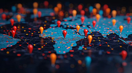 Abstract map with expansion markers symbolizing market growth and connectivity, featuring vibrant red and blue pins on dark background, representing global reach and data visualization