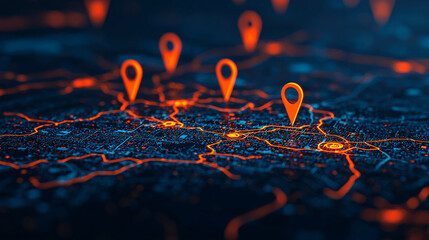 Abstract map with expansion markers symbolizing market growth and connectivity. vibrant orange markers highlight key locations on dark, detailed map, representing data visualization