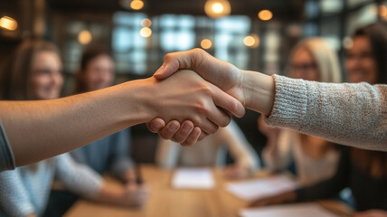 Cheerful handshake close up in collaborative meeting environment