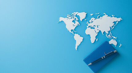 world map cutout on blue background with notebook and pen symbolizes global planning and strategy