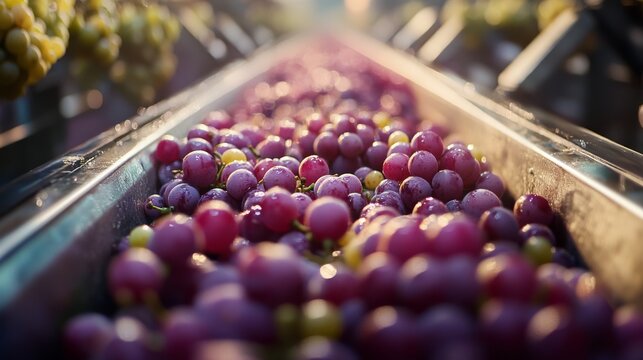A close-up view of purple grapes on a conveyor belt, showcasing the process of grape sorting or harvesting in natural lighting.