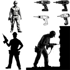 Naklejka premium Silhouette of a construction worker holding a drill and drilling into a wall, along with various drill illustrations for industrial and renovation themes