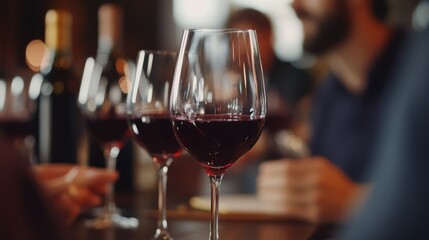 A close-up of wine glasses filled with red wine, set against a blurred background of people enjoying a social gathering.