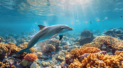 Fototapeta premium graceful dolphin swimming through a coral reef 