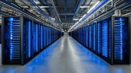 Futuristic Server Room with Rows of Glowing Blue Servers