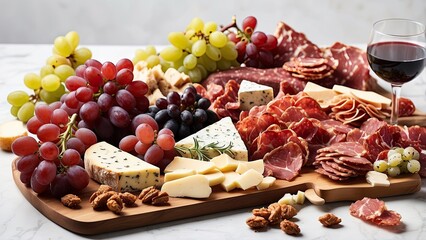 A charcuterie board including a variety of meats, cheeses, and grapes set against a clear or white backdrop