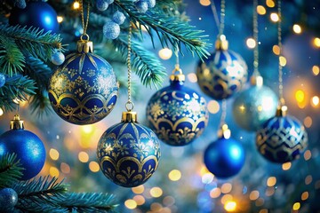 Elegant Blue Christmas Baubles with Gold Patterns Hanging from a Tree Amidst a Magical Bokeh Light Background, Perfect for Holiday Decor and Festive Celebrations