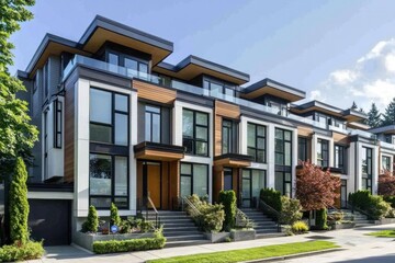 Modern row homes with sleek lines and glass windows, clean exterior and contemporary design, urban residential area
