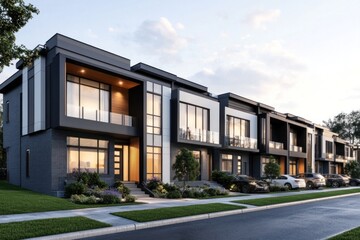 Obraz premium Modern row homes with sleek lines and glass windows, clean exterior and contemporary design, urban residential area