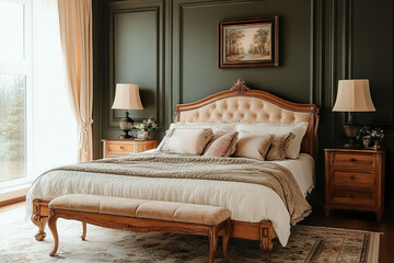 Photo of classic bedroom interior with green walls, photo of mockup poster on the wall