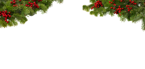 Christmas tree border and red holly berries decoration isolated on white transparent, Xmas festive garland