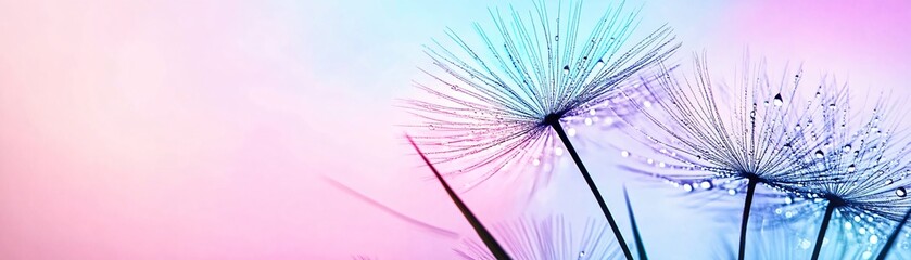 Dew-Drenched Dandelion Seeds Against Dreamy Pastel Background