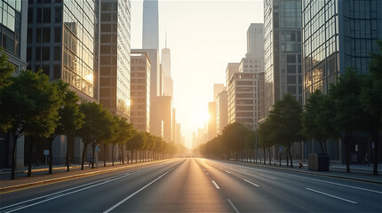 Fototapeta premium A wide city road in the early morning, illuminated by sunlight.