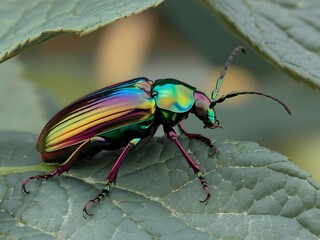 Fototapeta premium Vibrant Rainbow Beetle on a Leaf