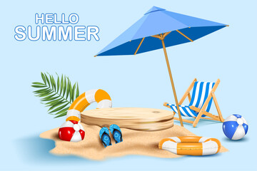 summer vacation product display and presentation banner. wooden cylinder podium and summer objects decorative business advertising banner and showroom background vector illustration.