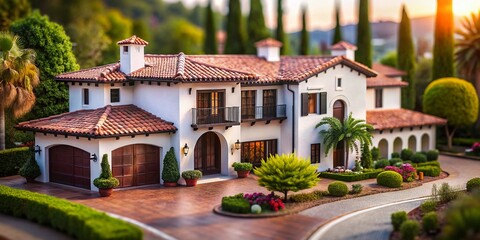 Fototapeta premium Elegant Spanish Style Home with Striking White and Black Exterior, Dark Brown Accents, and Inviting Paver Driveway Showcased through Tilt-Shift Photography Technique