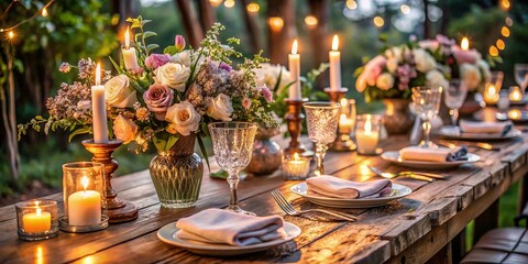 Naklejka premium Elegant Wedding Table Set for Dinner on a Rustic Wooden Table with Long Exposure Effect, Capturing the Romantic Ambiance of a Perfect Celebration under Soft Candlelight