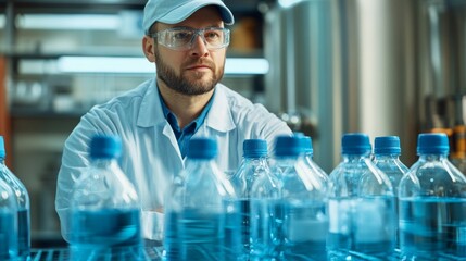 A focused worker inspects bottles of water in a lab, showcasing quality control in a clean and scientific environment.