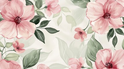 Elegant floral pattern featuring pastel pink flowers and soft green leaves, providing a sophisticated and calming aesthetic for stationery and packaging designs