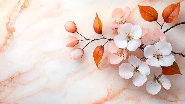 Background of soft pink hues, adorned with delicate leaves and blossoms, creating a serene and fresh springtime atmosphere.