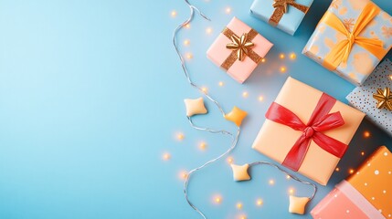 Colorful Gift Boxes with Twinkling Lights on Blue Background