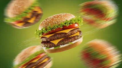 Cheeseburgers flying through the air against a light green background. 