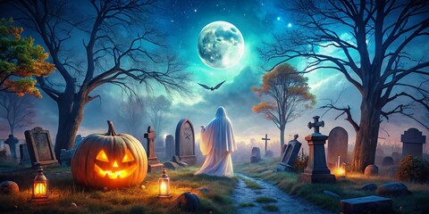 Enchanted Halloween Spirit Haunting a Graveyard with Eerie Shadows, Tombstones, and Full Moon in the Background – Perfect for Spooky Seasons and Halloween Celebrations