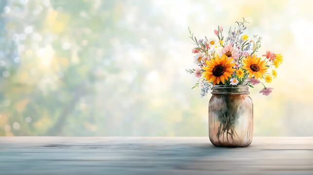 A watercolor illustration of a rustic mason jar filled with a vibrant assortment of blooming flowers, such as sunflowers, daisies, and wildflowers, set against a soft