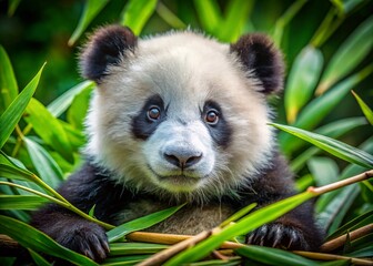 Fototapeta premium Enchanting Close-Up of a Baby Giant Panda Bear Amidst Lush Greenery in a Natural Habitat, Showcasing Its Adorable Features and Playful Nature for Wildlife Enthusiasts