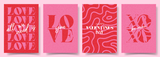 Naklejka premium Set of trendy Valentine's Day posters. Concept of modern typographic design with abstract pattern. Vector posters for party banner, flyer, celebration, adы, branding, cover, sale.