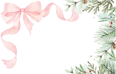 Watercolor vector banner with pink bow, ribbons and fir twigs. Borders for holiday greeting card, stationery and invitation. Hand painted winter plants. Xmas template.