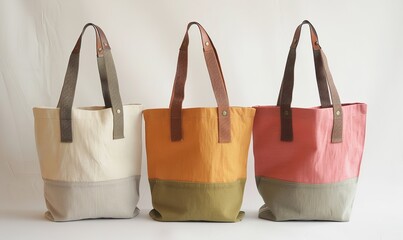 A single, multicolored, beige canvas tote bag with long handles that is intended to hold daily necessities is shown against a white backdrop, Generative Ai.
