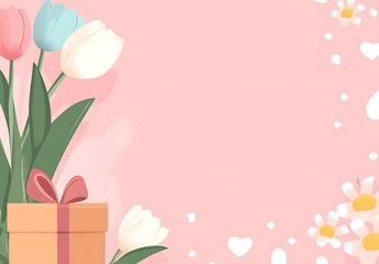 Naklejka premium A pink background with tulips and gift boxes