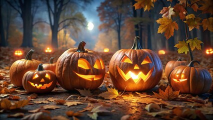 Enchanting Halloween Pumpkin Jack-o'-Lanterns Illuminating a Spooky Night Landscape with Eerie Shadows and Autumn Leaves for a Festive Seasonal Atmosphere