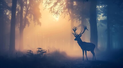 Naklejka premium serene deer standing in a misty forest at twilight 