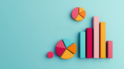 Fototapeta premium Colorful bar graphs and pie charts on light blue background create vibrant visual representation of data analysis. playful colors enhance overall appeal
