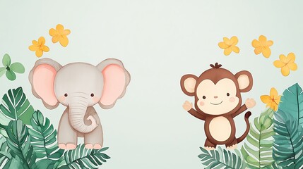 Enchanted Whimsy Watercolor Whimsical Pastel Daydream Cute elephant and monkey with tropical leaves.
