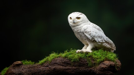 Fototapeta premium A majestic snowy owl perched on mossy wood, showcasing its feathers against a dark background.