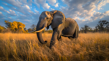 Majestic Elephant in Golden Hour Savanna Landscape of Africa