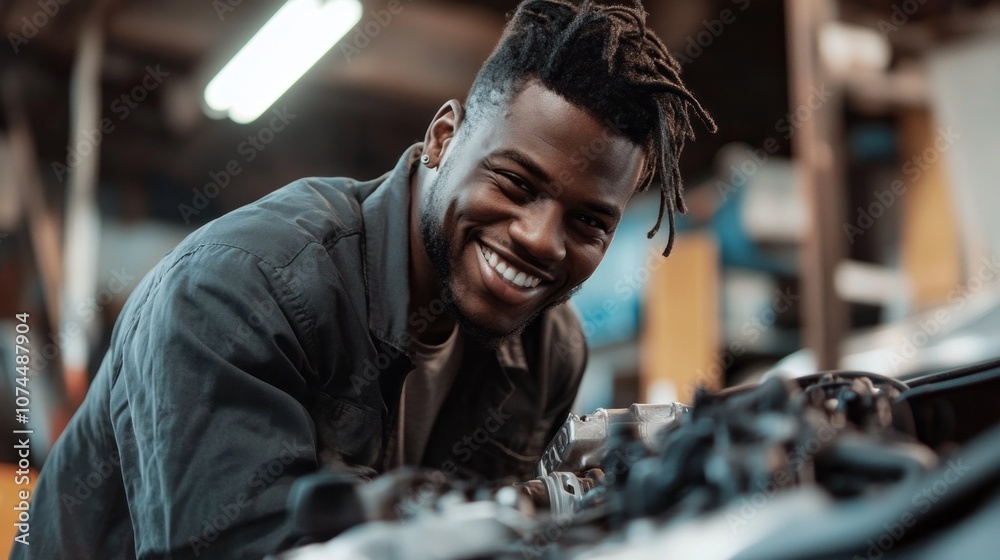 Poster a man is smiling while working on a car engine
