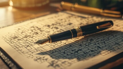 Fountain pen resting on a crossword puzzle under bright sunlight, offering mental relaxation and a hobby. 
