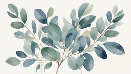 Watercolor botanical illustration of green leaves on a delicate branch with a light background