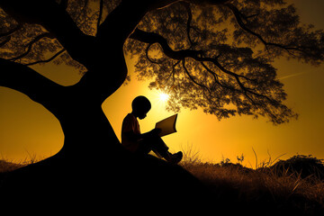 Silhouette of Child Reading Under Tree at Sunset